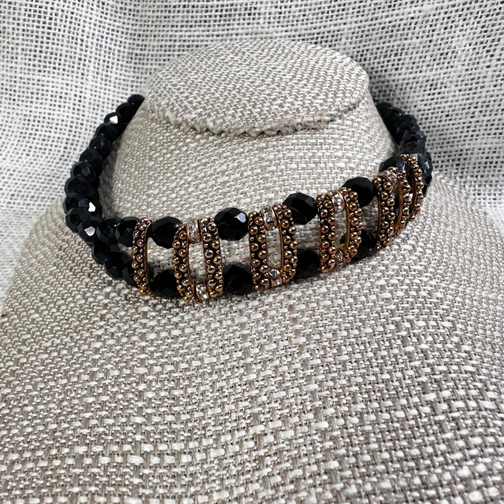Vintage HERGUZ Miami Black Faceted Bead Multi‎ Strand Choker Necklace Gold Tone